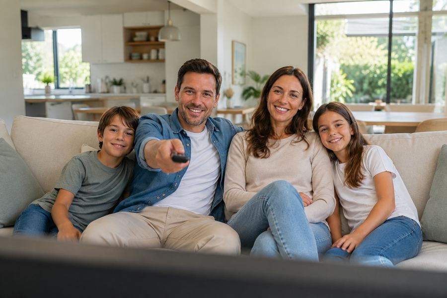 Familia tranquila en su living, sabiendo que su casa está vigilada